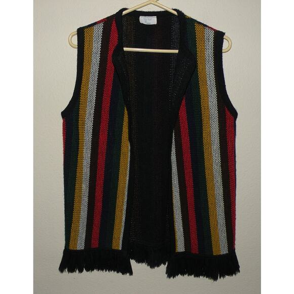 Vtg 70s Sears Open Front Sweater Vest Vertical Striped Fringe Hippie Brady Bunch - Picture 1 of 3